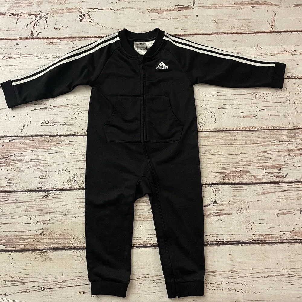 Adidas‎ Black White Long Sleeve 3 Stripe Tricot Coverall Size 12 Months